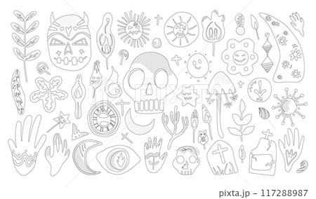 Set of isolated Halloween decoration elements in doodle hand-drawn graphic vector illustration on transparent background 4. Black outline style for coloring book. 117288987