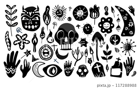 Set of isolated Halloween decoration elements in doodle hand-drawn graphic vector illustration on transparent background 4. Black silhouette style. Set of isolated Halloween decoration elements in doodle hand-drawn graphic vector illustration on transparent background 4. Black silhouette style. 117288988