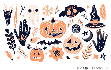 Set of isolated Halloween decoration elements in doodle hand-drawn graphic vector illustration on transparent background 5. Pastel orange and black color tone. 117288989