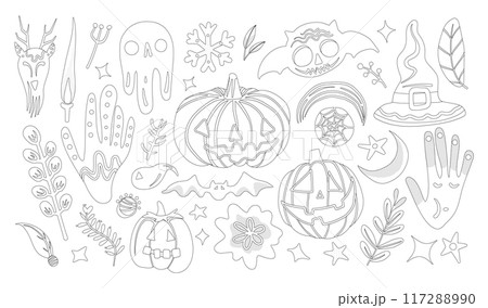Set of isolated Halloween decoration elements in doodle hand-drawn graphic vector illustration on transparent background 5. Black outline style for coloring book. Set of isolated Halloween decoration elements in doodle hand-drawn graphic vector illustration on transparent background 5. Black outline style for coloring book. 117288990