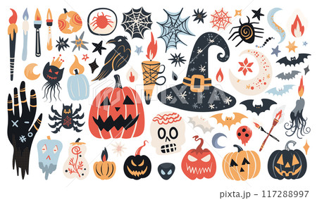 Set of isolated Halloween decoration elements in doodle hand-drawn graphic vector illustration on transparent background 8. Pastel red, orange and blue color tone. 117288997