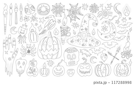 Set of isolated Halloween decoration elements in doodle hand-drawn graphic vector illustration on transparent background 8. Black outline style for coloring book. 117288998
