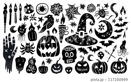 Set of isolated Halloween decoration elements in doodle hand-drawn graphic vector illustration on transparent background 8. Black silhouette style. 117288999