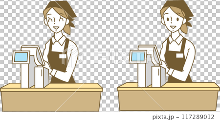 一位女士在收銀台為顧客服務 117289012