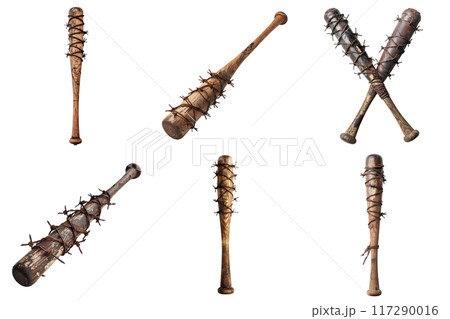 A Collection of Baseball Bats Wrapped in Barbed Wire 117290016