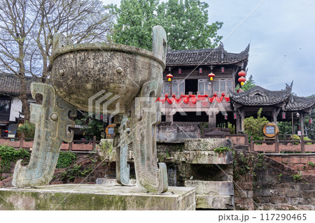 Longtan Square at Huanglongxi old ancient town is popular tourism landmark in Sichuan, China. Chinese words on signboard is translated as Huanglongxi in English language. Longtan Square at Huanglongxi old ancient town is popular tourism landmark in Sichuan, China. Chinese words on signboard is translated as Huanglongxi in English language. 117290465