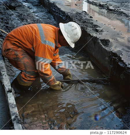 A worker in protective clothing diligently removes debris from a drainage ditch, critical for preventing urban flooding. The reflective stripes on his gear enhance visibility and safety. 117290624