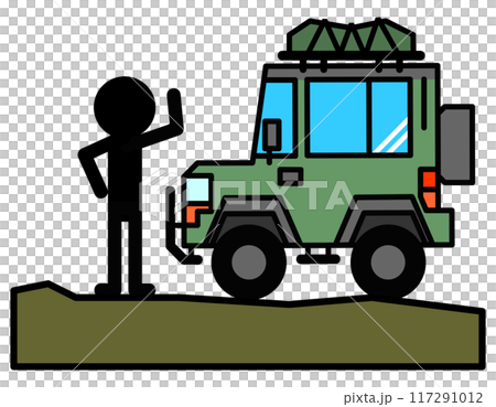 Illustration of enjoying the outdoors in a four-wheel drive car Illustration of enjoying the outdoors in a four-wheel drive car 117291012