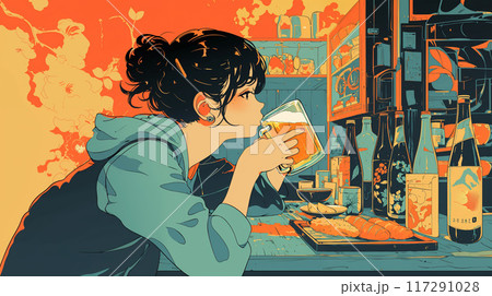 カウンターでビールを飲む女性 117291028