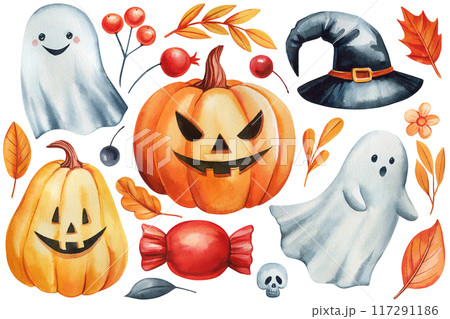 Halloween pumpkins set. Pumpkin, ghost, witches hat, leaves watercolor isolated. Hand drawn Funny autumn clipart 117291186
