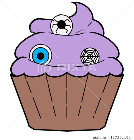 A purple cupcake with blue eyes and black spider eyes A purple cupcake with blue eyes and black spider eyes 117291199