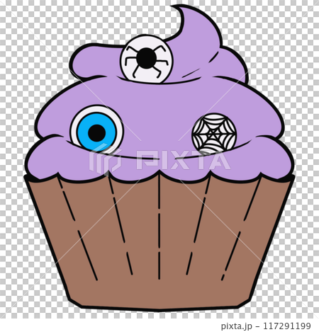 A purple cupcake with blue eyes and black spider eyes A purple cupcake with blue eyes and black spider eyes 117291199
