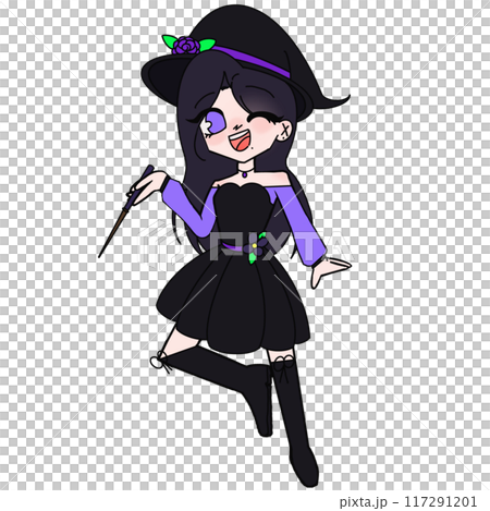 A girl in a black dress with a purple hat and a wand 117291201