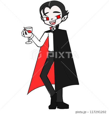 A cartoon vampire is holding a glass of wine and smiling 117291202
