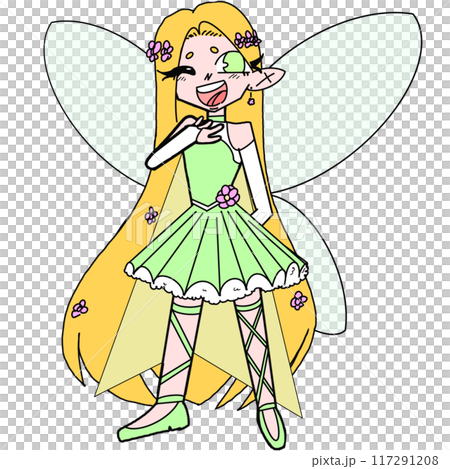 A cartoon girl with long blonde hair and a green dress is smiling A cartoon girl with long blonde hair and a green dress is smiling 117291208