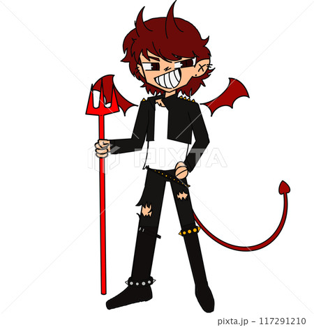 A cartoonish drawing of a man with a devil's tail and a red staff 117291210