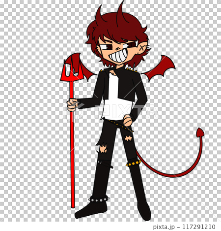 A cartoonish drawing of a man with a devil's tail and a red staff 117291210