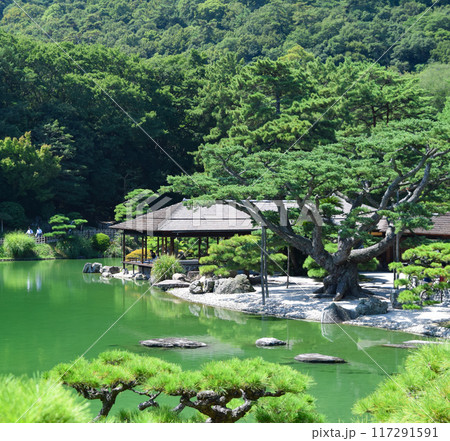 日本庭園に浮かぶ茶屋風建物 117291591