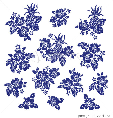 ハイビスカスとパイナップルのアロハ素材, 117291928