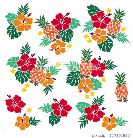 ハイビスカスとパイナップルのアロハ素材, 117291930