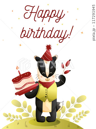 Childreans cute greeting card. Cute badger celebrating a birthday with a cake and festive decorations. Vector. 117291945