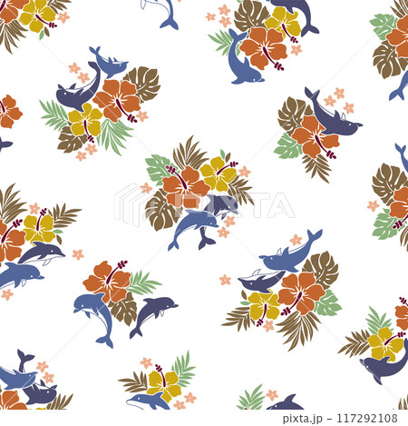 可愛いハイビスカスとイルカの総柄, 117292108