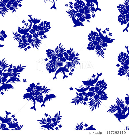 可愛いハイビスカスとイルカの総柄, 117292110