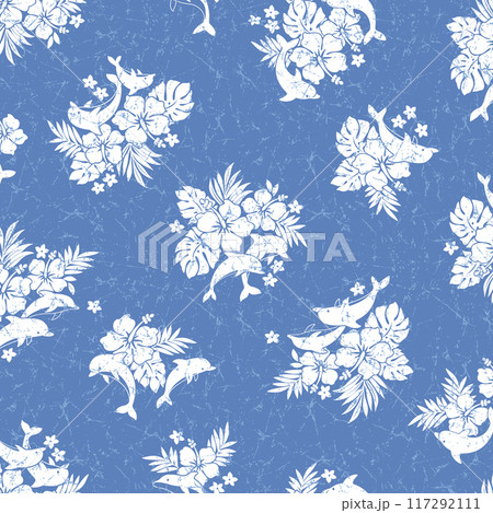 可愛いハイビスカスとイルカの総柄, 117292111