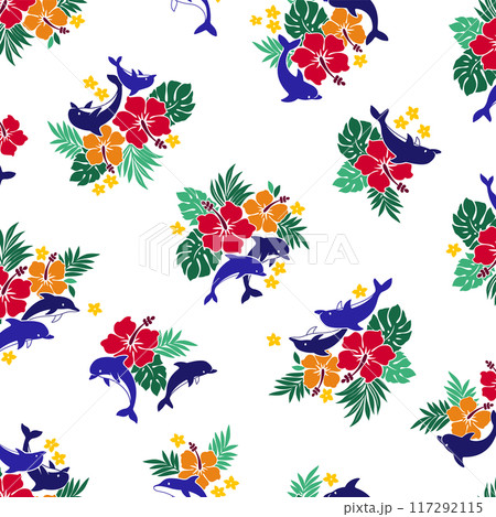 可愛いハイビスカスとイルカの総柄,, 117292115