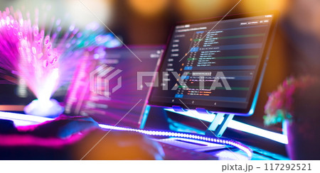 Program code on a computer monitor with fiber optic background. Internet and technology concept. Software application development Program code on a computer monitor with fiber optic background. Internet and technology concept. Software application development 117292521
