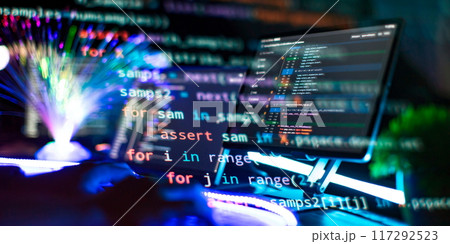 Project managers work new idea. Mobile app developer. Innovative startup project. Website programming code Project managers work new idea. Mobile app developer. Innovative startup project. Website programming code 117292523