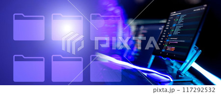 Server room with servers and data processing. Internet and technology concept. 117292532