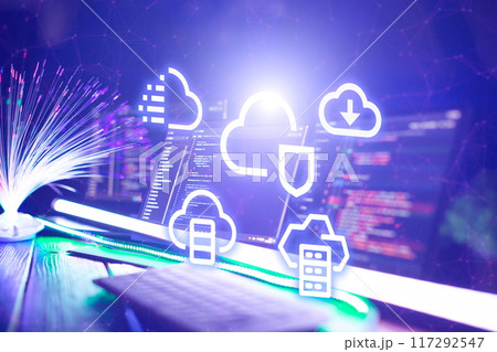 Concept of cloud computing technology. Protecting data and servers remotely. Network connection. 117292547