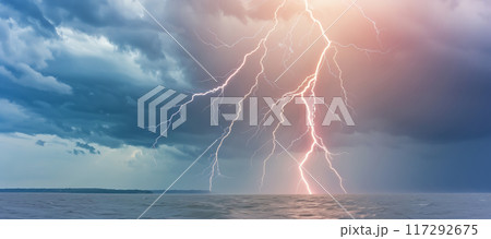 Dramatic lightning strikes over calm waters...のイラスト素材 [117292675] - PIXTA