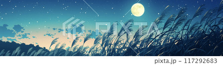 ススキの草原の向こうに見える月　AI画像 117292683
