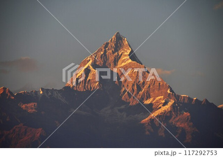 ネパール、ポカラ、ヒマラヤ山脈、夕日を浴びるマチャプチャレ 117292753