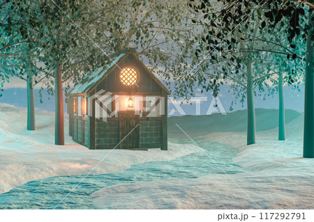 3D rendering of illuminated wooden cottage in forest at winter daytime 3D rendering of illuminated wooden cottage in forest at winter daytime 117292791