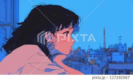 ベランダから夕方の街を眺める女性 117292987