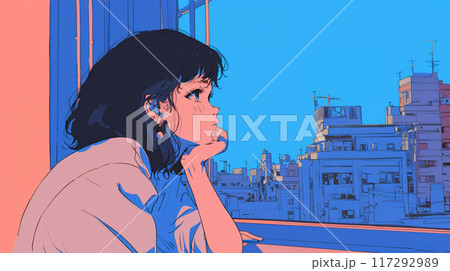 ベランダから夕方の街を眺める女性 117292989