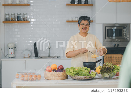 Couple senior Asian elder happy living in home kitchen. 117293288
