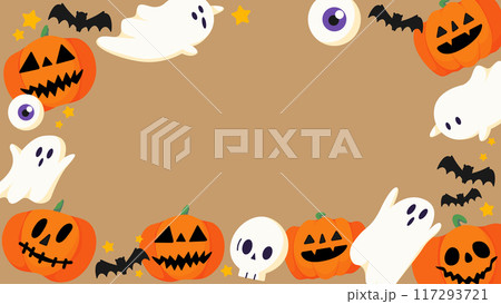 ハロウィンの背景素材。ジャック・オー・ランタン、コウモリ、幽霊、骸骨、目玉があります。 117293721