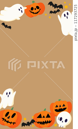 ハロウィンの背景素材。ジャック・オー・ランタン、コウモリ、幽霊、骸骨があります。 117293725