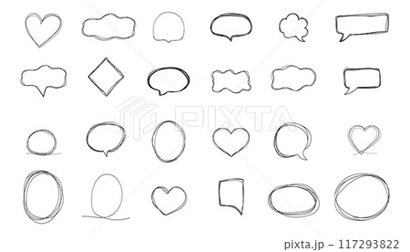 Speech bubble frame scribble fast hand drawing, pent or marker drawing. Comic sketch border, highlight. Cloud, heart, circle bubble chat, text box. Speech bubble frame scribble fast hand drawing, pent or marker drawing. Comic sketch border, highlight. Cloud, heart, circle bubble chat, text box. 117293822