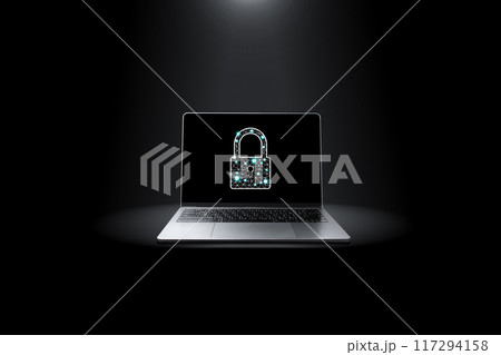 Computer network security technology concept , Grey laptop with security key icons on the screen 117294158
