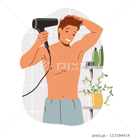 Man with bare chest drying hair flat vector illustration Man with bare chest drying hair flat vector illustration 117294414