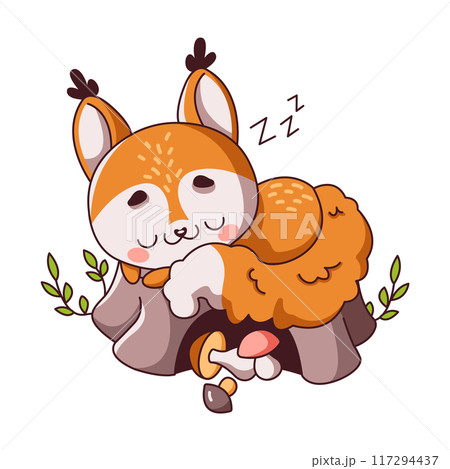 Squirrel naps on rock with mushrooms flat color vector illustration 117294437