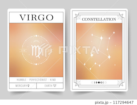 Virgo. Witchcraft cards with astrology zodiac sign and constellation. Modern gradient blurred astrology posters in Y2k style. Perfect for tarot readers and astrologers. Vector illustration Virgo. Witchcraft cards with astrology zodiac sign and constellation. Modern gradient blurred astrology posters in Y2k style. Perfect for tarot readers and astrologers. Vector illustration 117294647
