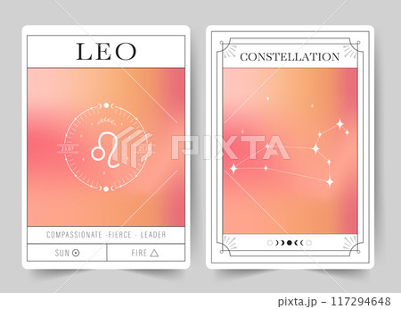 Leo. Witchcraft cards with astrology zodiac sign and constellation. Modern gradient blurred astrology posters in Y2k style. Perfect for tarot readers and astrologers. Vector illustration Leo. Witchcraft cards with astrology zodiac sign and constellation. Modern gradient blurred astrology posters in Y2k style. Perfect for tarot readers and astrologers. Vector illustration 117294648