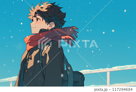 冬の空を見上げる男子生徒 117294684
