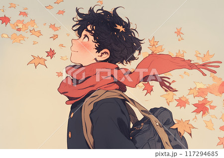 男子生徒の横顔と秋の風景　AI生成画像 117294685